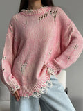 Dodobye Versatile Pink Hollow Out Women's Knitted Pullover Casual O-neck Long Sleeve Sweater Lady Early Autumn Chic Commute Streetwear