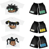 Dodobye Summer Men Oversized Loose T-Shirt Gym Shorts Two Piece Set Cartoon Print Cotton Tees Suit Harajuku Baggy Sports Shorts Clothes