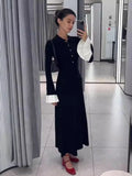 Black Friday Dodobye Flare Sleeve Splice Knitted Long Dress For Women Casual High Waist Button Lapel Sweater Dress Elegant Autumn Party Dress