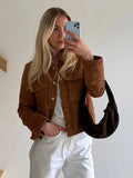 Dodobye Fashion Brown Lapel Single Breasted Demi-season Jacket For Women Vintage Long Sleeves Suede Jackets 2024 Lady Casual Street Coat