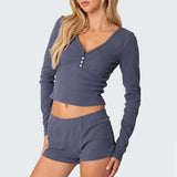 Dodobye Solid Color Ribbed V-Neck Long Sleeve Crop Tops T-shirt and Shorts Sleepwear Outfits Women Pajamas Set 2 Pieces Loungewear Suits