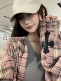 Dodobye Pink Plaid Shirt Women Cross Button Up Blouses Female High Street Long Sleeve Tops Hippie Autumn Oversize Streetwear Ins