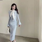 Dodobye-Elegant Bottoming Bow Maxi Dress Spring/Summer Women' Dress 2024 New O-neck Full Flare Sleeve Solid Skinny High Waist Sexy Dress