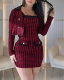 Dodobye College Style Elegant 2-Piece Sets for Women Red Houndstooth Printed Tight Fitting Dress Button Short Jacket Short Skirt Sets