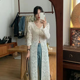 Dodobye New Chinese Style V-neck Split Tops Women 2024 Summer Slim Fit Hollow Out White Cardigan Y2k E-Girl Long Sleeve Blusas Mujer