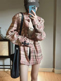 Dodobye Pink Plaid Shirt Women Cross Button Up Blouses Female High Street Long Sleeve Tops Hippie Autumn Oversize Streetwear Ins