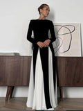 Dodobye Elegant Black White Patchwork Maxi Dresses Women Fashion O-neck Long Sleeves Slim Dress New Female Evening Party Robes