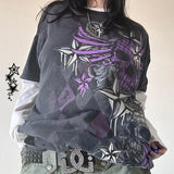 Dodobye Japanese Edgy 00s Retro Gothic Emo T-shirt Cyber Y2K Grunge Mall Goth Top Patchwork Full Sleeve Baggy Pullovers Tees