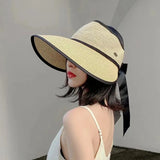 Dodobye New Summer Adjustable Ribbon Empty Straw Hats For Women Foldable Wide Large Brim Beach Hat Chapeau Femmeuv Protection Cap