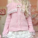 Dodobye Kawaii Lace Trim Off Shoulder Pullovers Pretty Cute Outfits Harajuku Cosplay Sweater Y2K Aesthetic Vintage Long Sleeve Jumpers