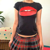 Dodobye Y2K Fashion Sexy red lips Print fairy grunge Summer E-girl Crop Tops Slim 2000s Streetwear Harajuku Goth Short Sleeve T-shirts