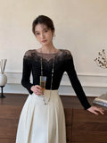 Black Friday Dodobye White Off Shoulder Knit Sweater Women Lace Transparent Mesh Long Sleeve Crop Pullovers Fairycore Aesthetics Clothes Chic