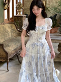 Dodobye French Vintage Chiffon Floral Midi Dresses for Women Ruffles A-line Birthday Party Dress Elegant Prom Robe Summer New Vestidos