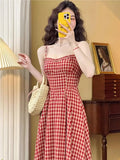 Dodobye Elegant Plaid Midi Dress Women French Vintage Spaghetti Strap A-line Spring Summer Holiday Beach Style Prom Robe Vestidos Mujer