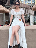 Dodobye Y2K Long Dresses for Women Puff Sleeve Lace-up A-line Off Shoulder Club Party Dress Summer New Korean Chic One Piece Vestido