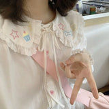 Dodobye Sweet Kawaii Peter Pan Collar Lace Shirts Women Spring New Long Sleeve White Blouses All-match Star Print Bottoming Tops