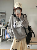 Black Friday Dodobye Kawaii Dog Graphic Hooded Sweater Women Patchwork Grey Ribbed Knitwear Korean Fashion Autumn Oversized Winter Clothes