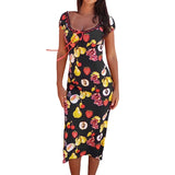 Dodobye Vintage Elegant Wrap Bodycon Cocktail Dress Fruit Print Midi Dress Women Short Sleeve O Neck Tie-up Long Dress for Street Party