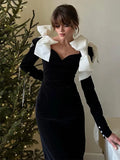 Dodobye-Elegant Black Velvet Maxi Dress Contrast Bow Decor Summer Women V Neck Long Sleeve Bodycon Dresses Chic Lady Party Evening Robe