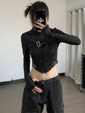 Dodobye Gothic Black Zip Up Tshirt Women Long Sleeve High Street Hipster 2000s Y2k Cargo Style Tops E-girl Irregular Alt Clothes