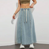 Dodobye Drawstring Long Denim Skirts Vintage Women Autumn y2k Aesthetic Solid Low Waist A-line Slim Korean Jean Midi Skirts Streetwear