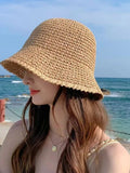 Dodobye Wide Brimmed Sun Straw Hat Women Summer New Beach Straw Hat Simple Sunscreen Visor Seaside Vacation Straw Bucket Hat