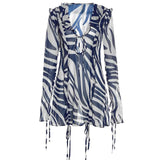 Dodobye Women Summer Short Tie Up Dress Long Sleeve V Neck Zebra Print Ruffled Hollow Out Cover-up Short Mini Sundress