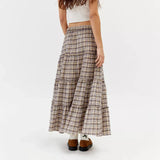 Dodobye Women 2000s Aesthetic Plaid Tiered Maxi Skirts Elastic High Waist Vintage Gingham Pleated Y2K Flowy Swing A Line Long Skirts