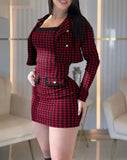 Dodobye College Style Elegant 2-Piece Sets for Women Red Houndstooth Printed Tight Fitting Dress Button Short Jacket Short Skirt Sets