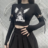 Women's Gothic Wind Tops Fashion Casual Hollow Slim Printed t-shirt New Lacing Splicing Long Sleeve Tops Womens