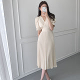 Dodobye High Quality New Women Summer Clothes Elegant V-Neck Slim Office Lady Casual A-Line Bandge Pleated Dress Vestidos