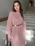 Black Friday Dodobye Knitted Long Dress With Belt Women's Turtleneck Pullover Solid Sweater Dresses Fashion Long Sleeve Holiday Party Clothes