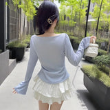 Oversize Fake Two Piece Patchwork T-shirts Y2k Square Collar Slim Fit Tops Women 2024 Spring New Long Sleeve Blusas Mujer