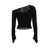 Women's Gothic Directional Design New Fall Halloween Elegant Slant Shoulder Flocking Patchwork Long Sleeve Top