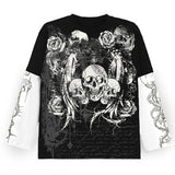 Dodobye Japanese Emo 2000s Retro Graphic Tops Dark Academia Skulls Print T-shirt Patchwork Long Sleeve Baggy Tees Gothic Clothes