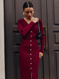 Black Friday Dodobye Fall Winter Long Sleeve Knitted Dress Button Slit Female Sweater Cardigan Dresses Slim Solid Elegant Office Lady Clothes