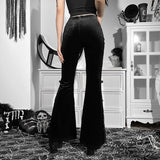 Women's Gothic Pants Pure Black Sexy Lace Casual Pants Music Festival See-through Mesh Splicing Flared Pants