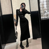 Women's Elegant Dresses 2024 Spring New Pure Color Temperament Skinny Long Sleeve Waist High Neck Zipper Dresses