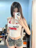 American Sexy Print Vest for Women Fashion Slim Fit White Tank Top+ Red Halter Bottoming Camis 2024 Summe New Two Piece Sets