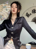 Dodobye Silk Satin Shirts Women Chinese Style V-neck Tight Button Up Blouse Female Goth Design Drak Aesthetic Split Alt Clothes