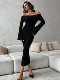 Black Friday Dodobye Knit Long Sleeve Slim Dress For Women Elegant One-Shoulder Sexy Long Gown Dresses Solid Rib Sweater Dress Autumn Winter