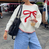 Dodobye Preppy Cute Y2K Aesthetic Grunge Knitwear Bowknot Patterm Loose Fit Knitted Sweater Autumn Winter O Neck Long Sleeve Pullovers