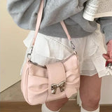 Dodobye Pink Bow Womens Shoulder Bag Korean Fashion College Style Elegant Handbag Square Pleated Sweet Casual Leather Armpit Bag