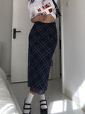 Dodobye- Y2k Plaid Long Skirt Low Waist Slim Women Streetwear Gyaru Mesh Patchwork Straight Maxi Skirt Autumn Fashion Girl