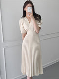 Dodobye High Quality New Women Summer Clothes Elegant V-Neck Slim Office Lady Casual A-Line Bandge Pleated Dress Vestidos