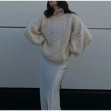 Black Friday Dodobye Fashion Sequined Mohair Sweater Women's New Loose O-neck Lantern Long Sleeve Glitter Knitted Pullover Sweater Streetwear