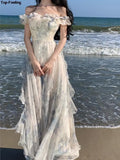 Dodobye Fashion Bohemian Print Long Dresses France Elegant Ruffles Strap Beach Holiday Vestidos Summer Korean A-line Robe Women