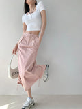 Dodobye Parachute Cargo Long Skirt Women American Retro Summer Drawstring High Street Streetwear Cool Girl Baggy Split Outfits