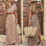 Dodobye  Long Dress for Women Fashion V Neck Short Sleeve Paisley Print Dresses Summer Belt Large Hem Beach Dress Elegant Maxi Dress