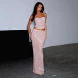 Dodobye Sequin Glitter Backless Evening Party Two Piece Set Strapless Top Long Skirt Women Set Elegant Summer 2 Piece Set Women